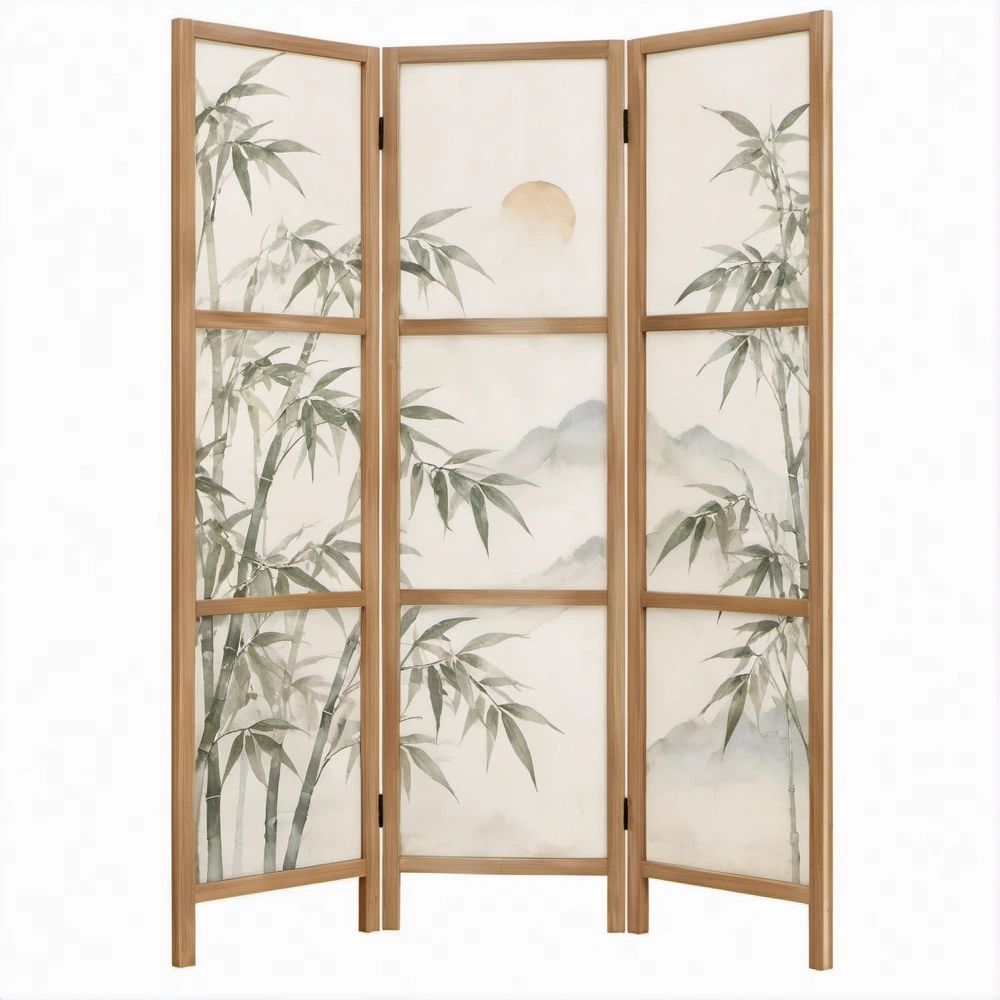 3-teiliger Paravent mit Bambus-, Berg- und Sonnenmotiv, 120 x 180 cm, Naturbraun/Creme/Grün/Grau