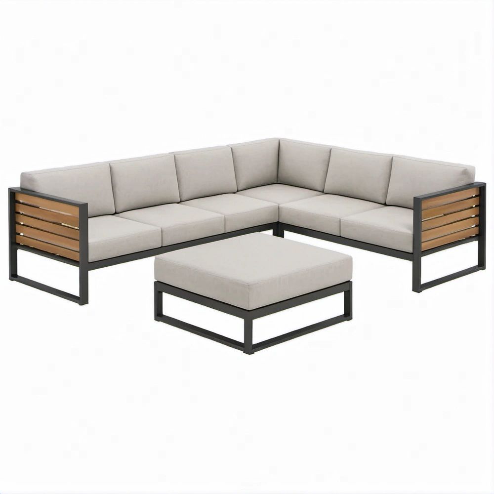 3-teiliges L-förmiges Garten-Loungeset mit Hocker, Beige/Schwarz/Naturbraun, 247 x 247 x 65 cm