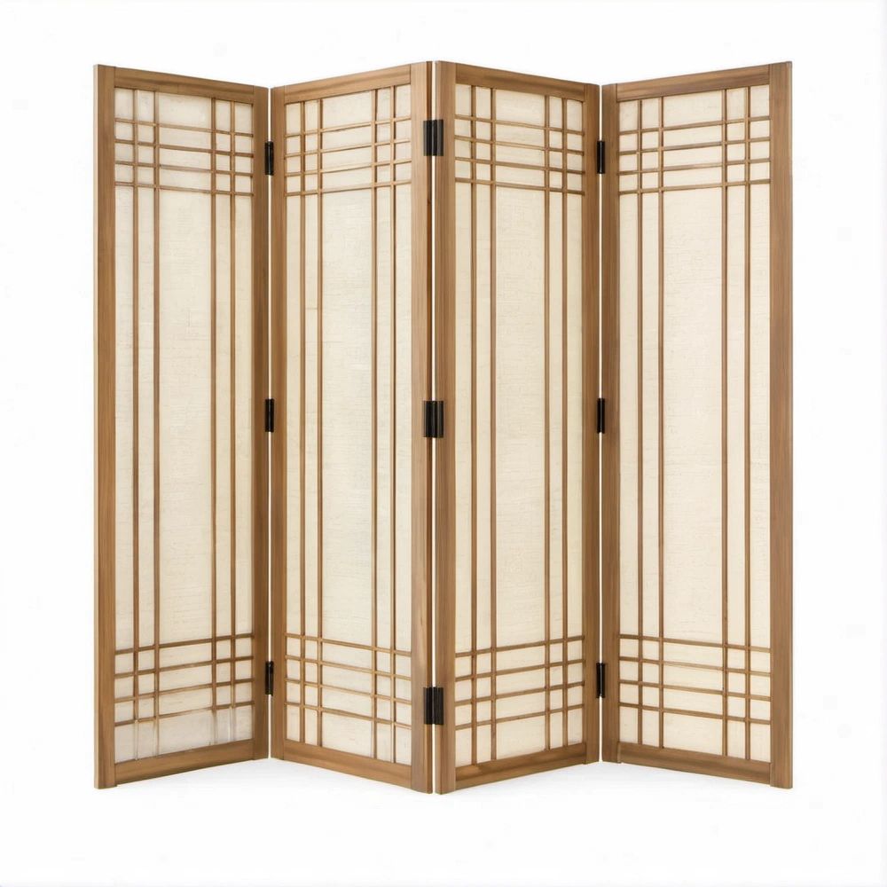 4-teiliger Shoji-Paravent aus massivem Fichtenholz und Reispapier, Naturbraun/Cremeweiß, 160 x 180 cm
