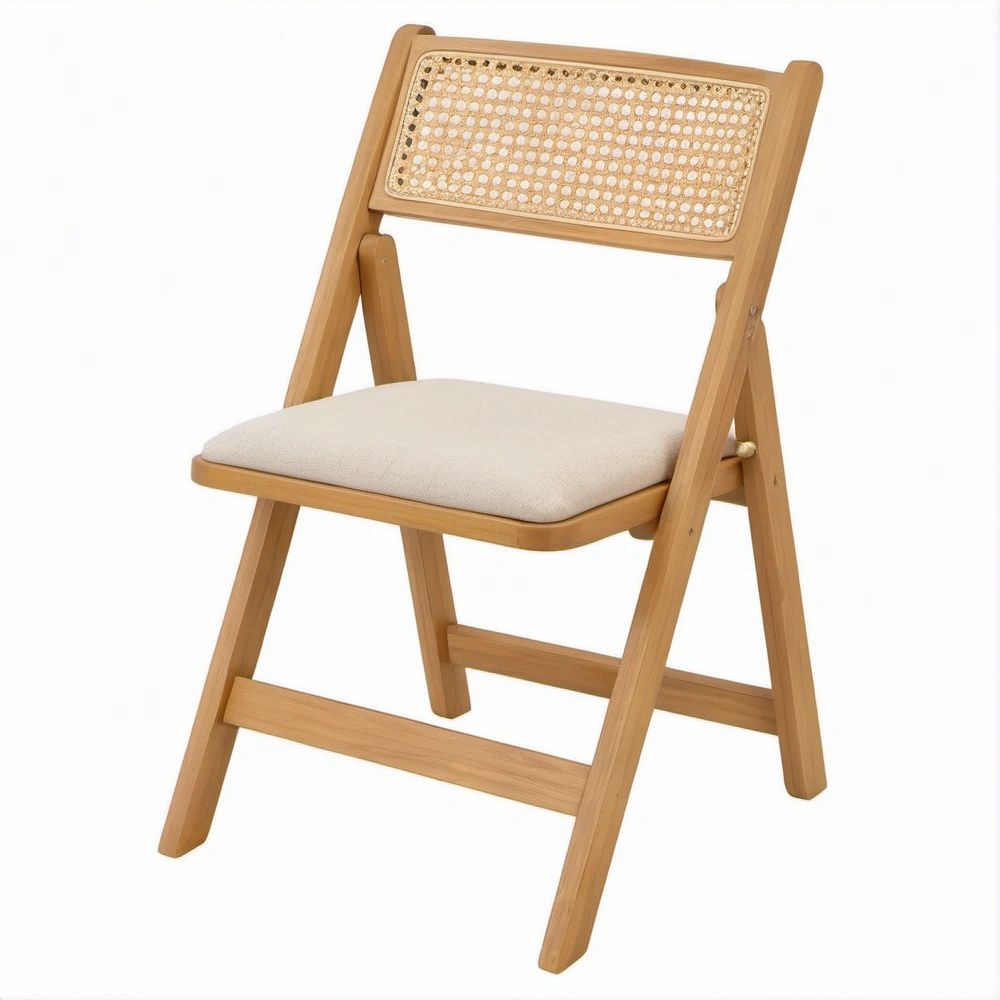 Klappstuhl aus Eukalyptus-Massivholz mit Natur-Rattan und Sitzkissen, Natur/Beige, 45 x 53 x 80 cm