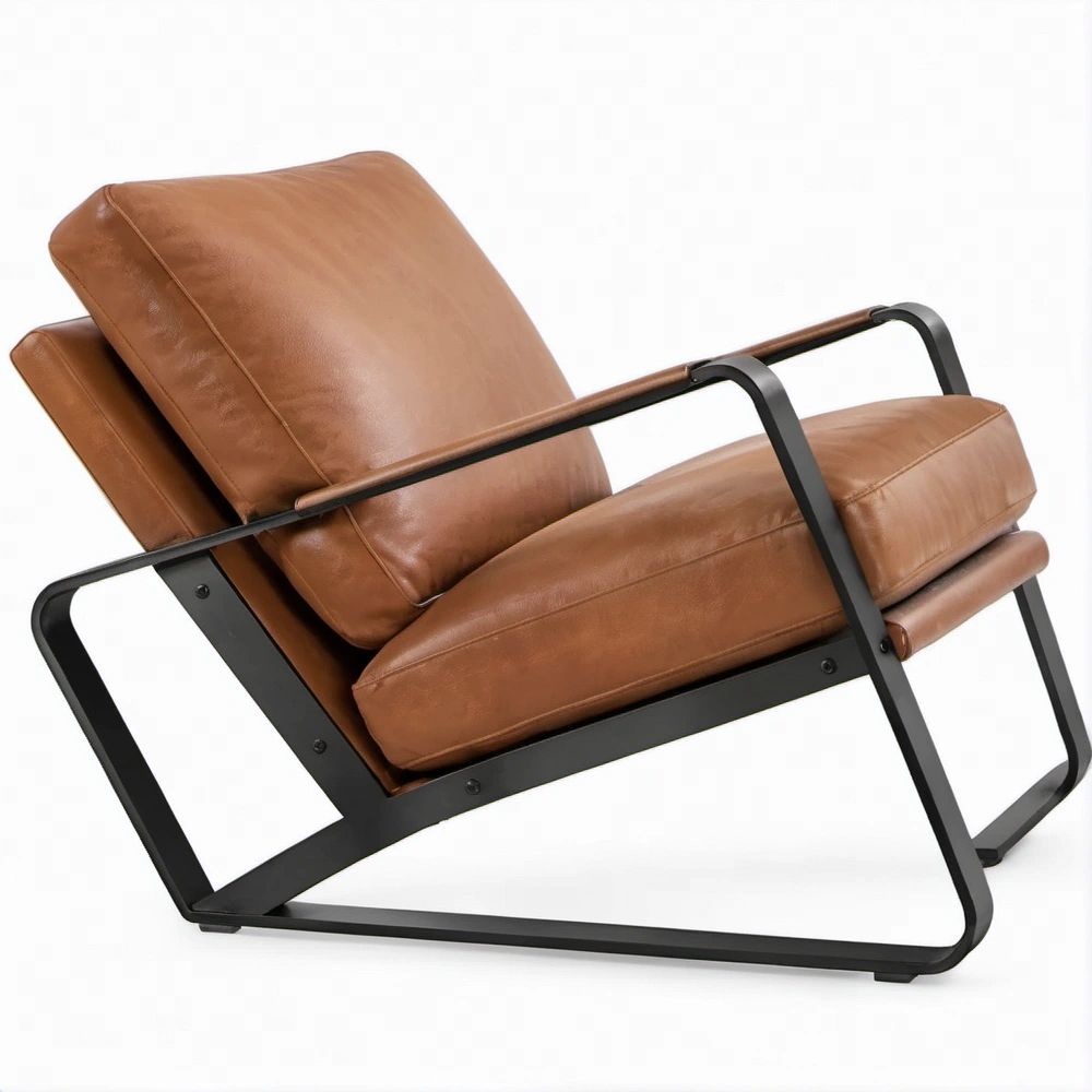 Gepolsterter Loungesessel aus braunem PU-Kunstleder mit schwarzem Stahlgestell, 78 x 82 x 86 cm