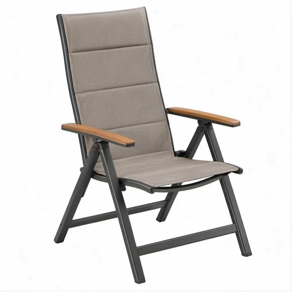 Klappbarer Gartenstuhl mit hoher, verstellbarer Rückenlehne in Taupe/Anthrazit/Naturbraun, 60 x 73 x 111 cm