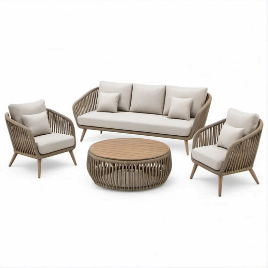 4-teiliges Gartenmöbel-Set in Beige und Taupe mit 3-Sitzer, 2 Sesseln und rundem Tisch, 190 x 78 x 78 cm