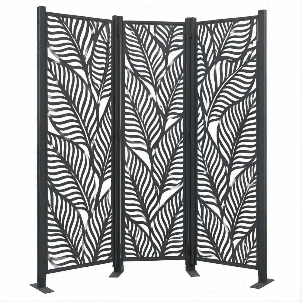 3-teiliger klappbarer Paravent mit Blättermuster aus pulverbeschichtetem Stahl, Schwarz, 120 x 30 x 180 cm