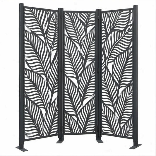 3-teiliger klappbarer Paravent mit Blättermuster aus pulverbeschichtetem Stahl, Schwarz, 120 x 30 x 180 cm