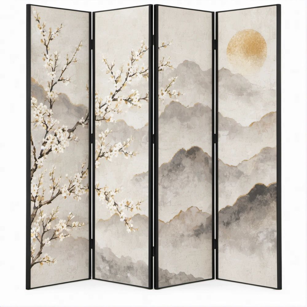 4-teiliger Paravent mit Berglandschaft und Blütenzweigen, Beige/Grau/Schwarz/Weiß/Gold, 160 x 180 cm