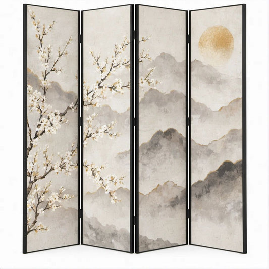 4-teiliger Paravent mit Berglandschaft und Blütenzweigen, Beige/Grau/Schwarz/Weiß/Gold, 160 x 180 cm