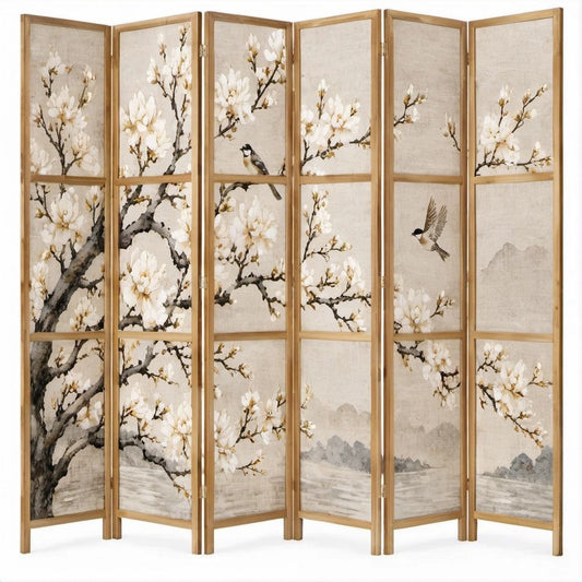 6-teiliger Paravent aus Paulownia-Massivholz und Polyestergewebe mit Blüten- und Vogelmotiv, Natur/Beige/Weiß/Braun/Grau, 240 x 180 cm