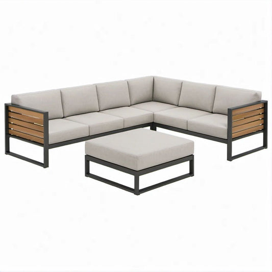 3-teiliges L-förmiges Garten-Loungeset mit Hocker, Beige/Schwarz/Naturbraun, 247 x 247 x 65 cm