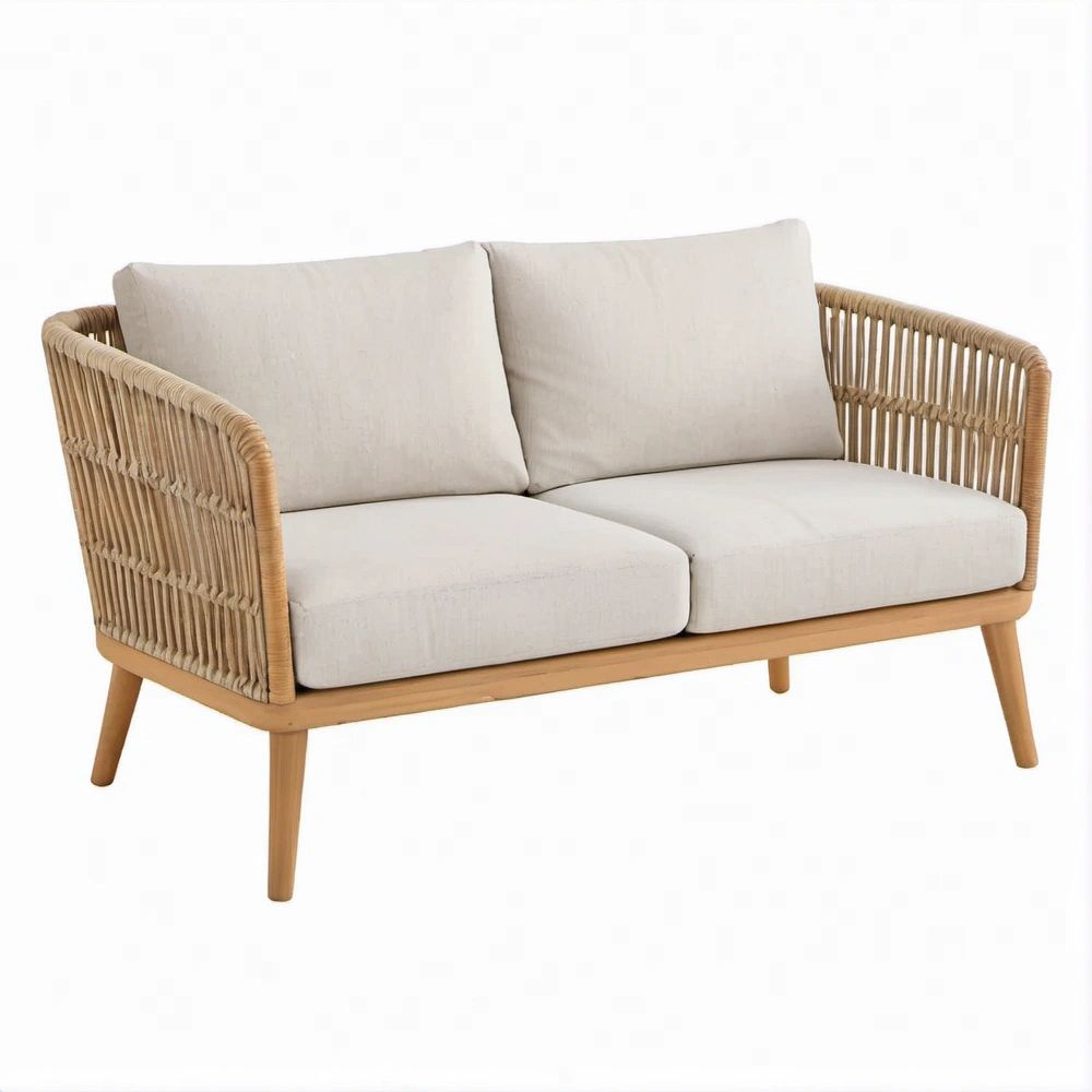 2-Sitzer Gartensofa aus Eukalyptusholz mit Seilgeflecht, Naturbeige/Cremeweiß, 150 x 75 x 78 cm