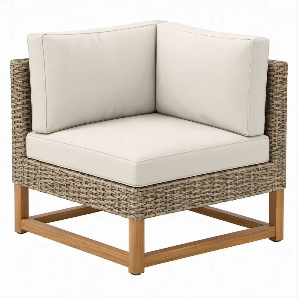 Garten-Lounge-Ecksessel aus PE-Rattan und Akazienholz, Beige/Naturbraun, 85 x 85 x 72 cm
