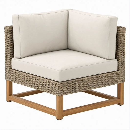 Garten-Lounge-Ecksessel aus PE-Rattan und Akazienholz, Beige/Naturbraun, 85 x 85 x 72 cm