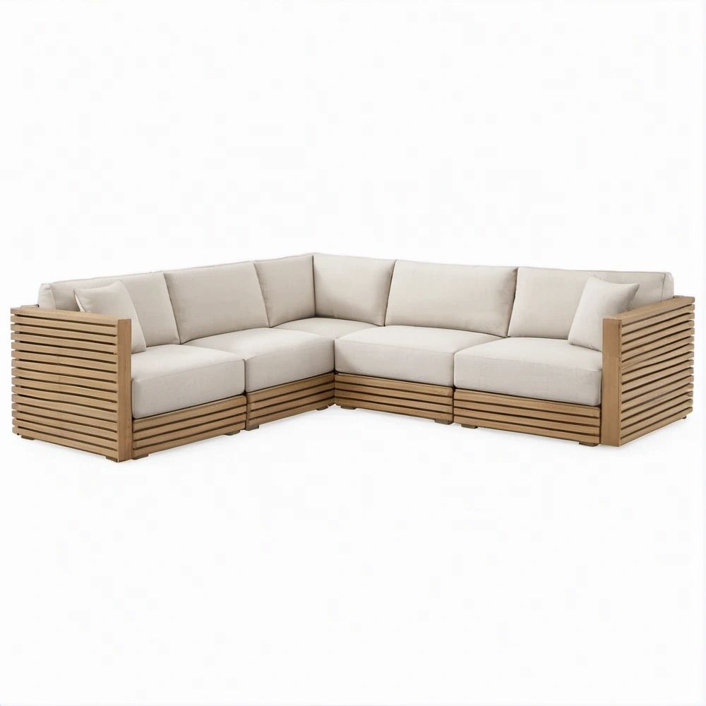 5-Sitzer Garten-Ecksofa in L-Form aus Akazien-Massivholz, Natur/Beige, 260 x 260 x 78 cm