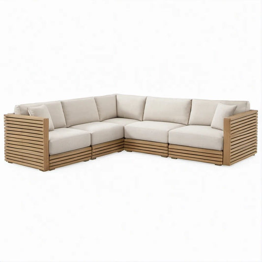 5-Sitzer Garten-Ecksofa in L-Form aus Akazien-Massivholz, Natur/Beige, 260 x 260 x 78 cm