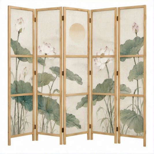 5-teiliger Raumteiler mit Lotusmotiv, Kiefernholz und Papier, 200 x 180 cm