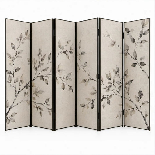 6-teiliges faltbares Sichtschutzelement mit Blättermuster, Beige/Schwarz/Grau, 240 x 170 cm