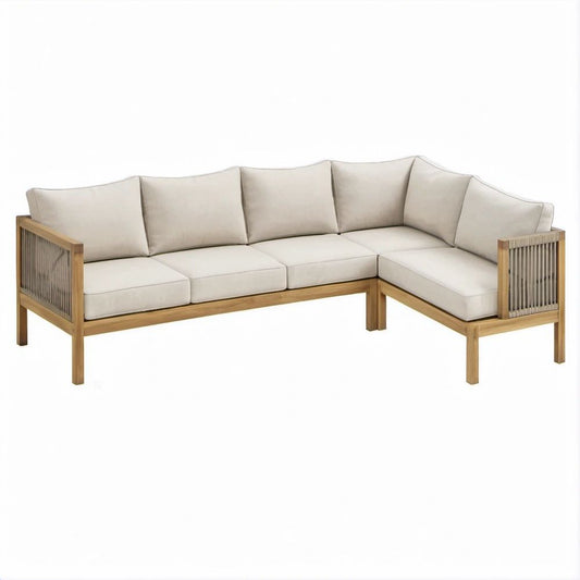 5-Sitzer Garten-Ecksofa in L-Form aus massivem Akazienholz, Naturbraun/Beige/Cremeweiß, 240 x 160 x 78 cm