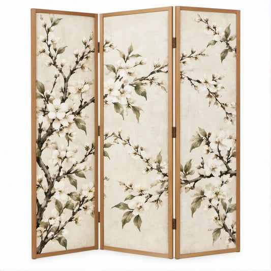 3-teiliger Paravent mit Blütenzweig-Motiv, Paulownienholzrahmen, 120 x 170 cm, Beige/Braun/Weiß/Grün